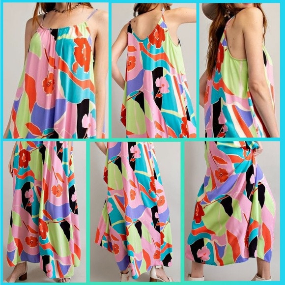 📌 EASEL Tropical Pucci-Like Floral Print Flowy Maxi Cami Dress Adjustable Straps - Picture 9 of 16